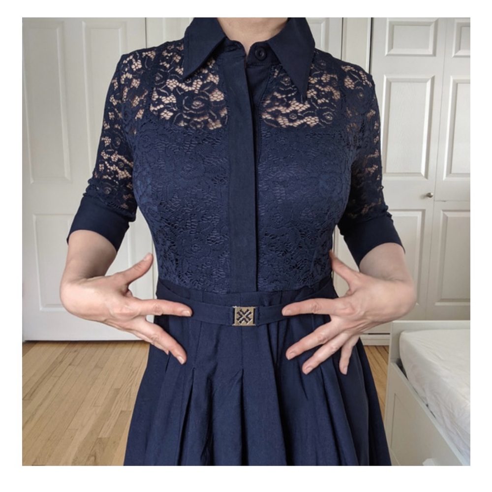 NWT MissMay Vintage Inspired Blue Dress  with sewn belt and upper lace